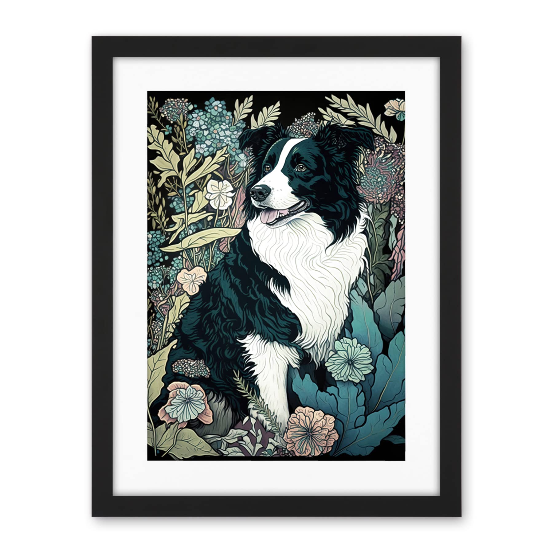 Artery8 Border Collie Dog in Wildflower Field Modern Illustration Artwork Framed Wall Art Print 18X24 Inch