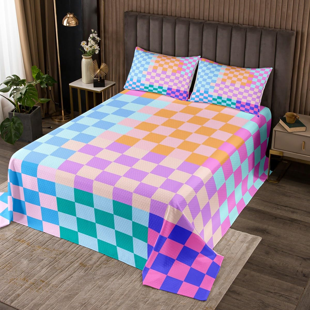 Colorful Plaids Geometric Kids Bedspread Twin Size,Abstract Checkered Patchwork Art Coverlet Set,Boys Girls Room Decor,Checkered Latticed Modern Quilted Coverlet,Chic Bedding Quilt,1 Pillowcase