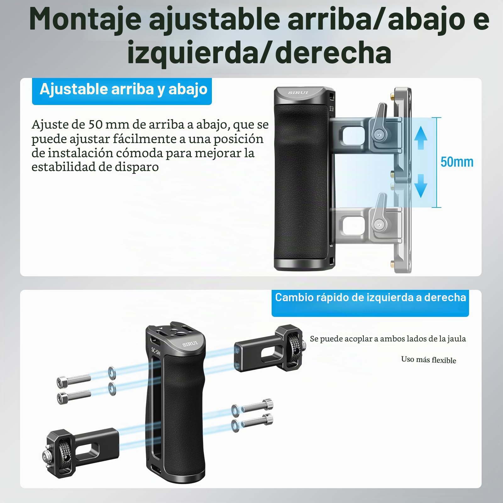 SIRUI Mango Lateral, Side Handle para Jaula de Cámara, Dos Opciones de Montaje, NATO Rail, Tornillo de 3/8"-16 y Tornillos de 1/4"-20, Utilizable a la Derecha/Izquierda (SC-SH)