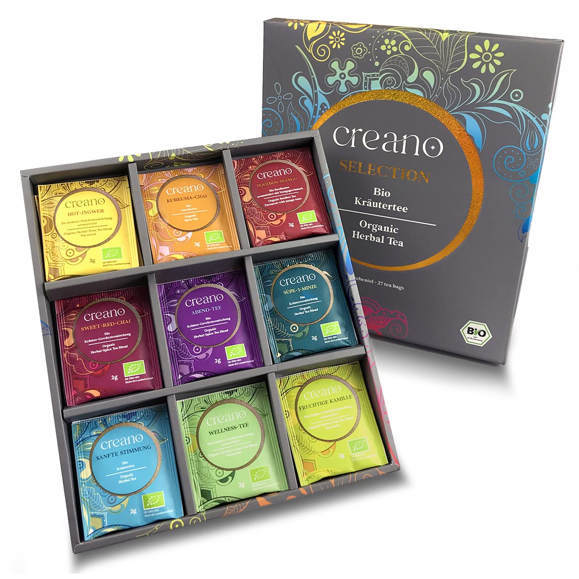 Creano Organic Herbal Tea Gift Set - 27 Organic Tea Bags in 9 Different Varieties - Tea Sampler - 54g*EU Organic