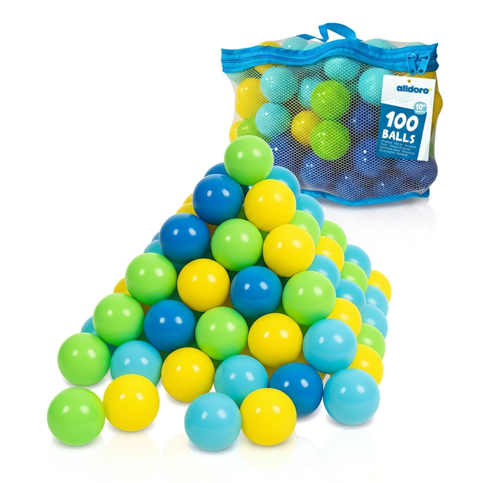 alldoro 60382 100 palline per piscina di palline in plastica, ognuna di 6 cm di diametro, colorate, per bambini, inclusa borsa di trasporto in rete