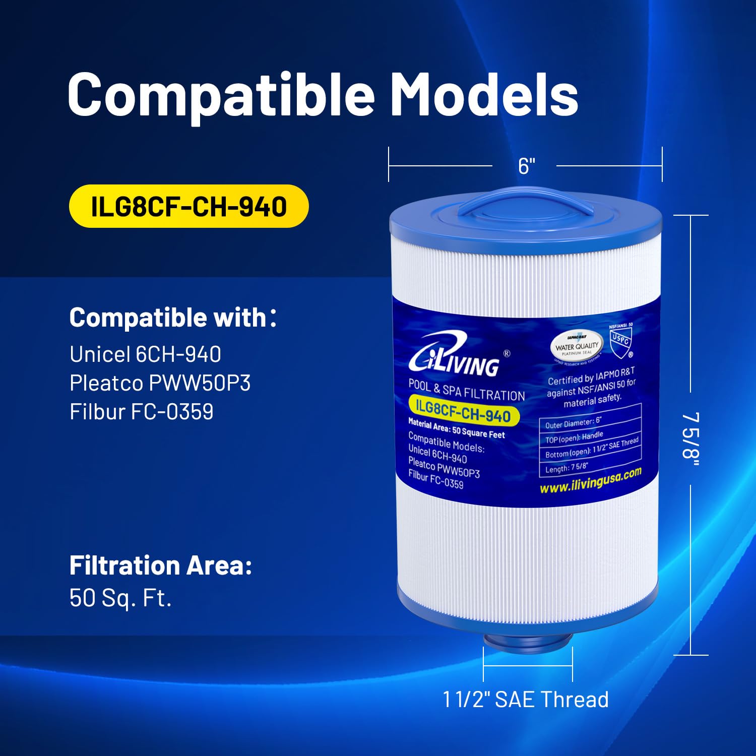 iLiving ILG8CF-CH-940 Pool Spa Water Filter Cartridge, White & Blue