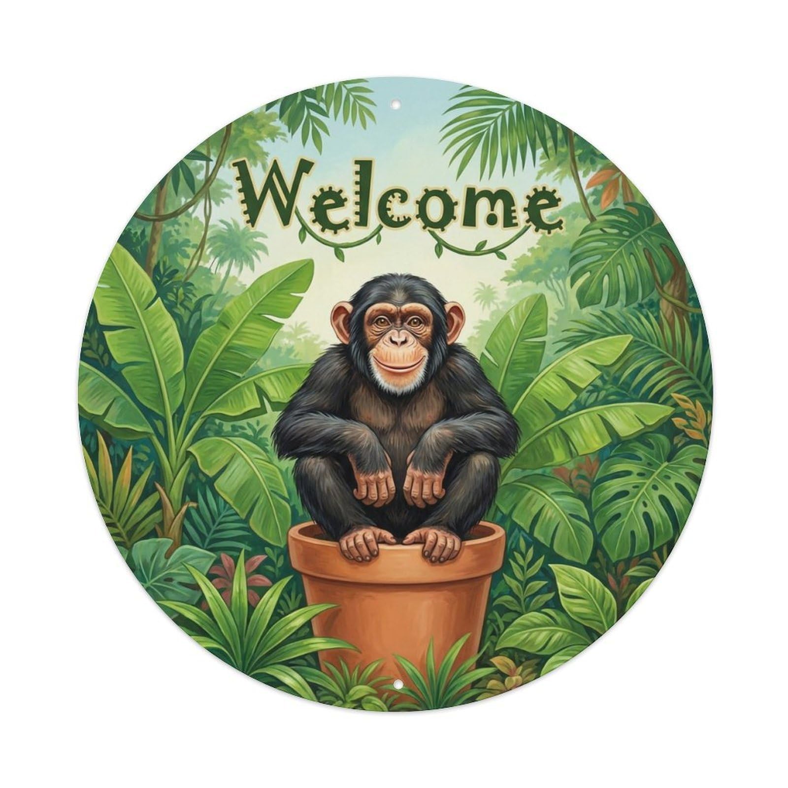 Okahys 8X8inch(20X20cm) Welcome Chimpanzee Banana Leaf Metal Tin Sign