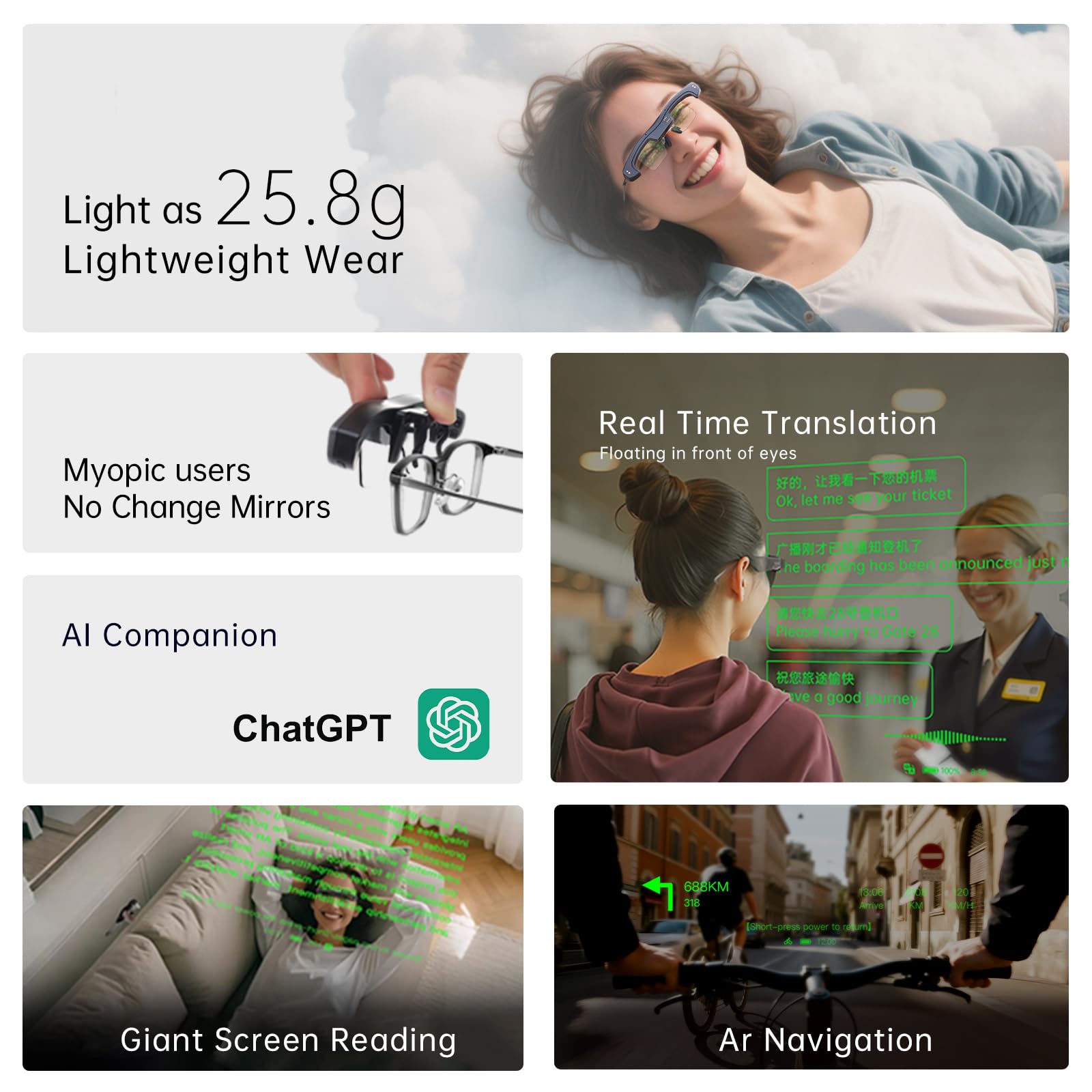 MLVISION Occhiali AR intelligenti ultra leggeri Il primo display AR a clip Micro-LED al mondo, schermo privato coinvolgente, produttività AI, traduzione e navigazione in tempo reale