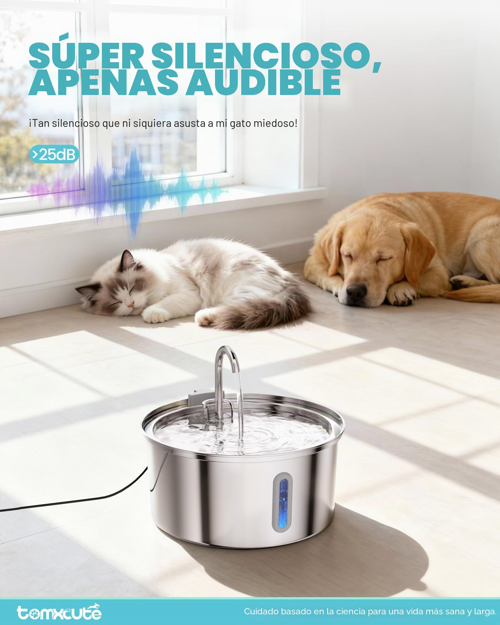 Tomxcute - Fuente de Agua para Gatos, dispensador automático de Agua de Acero Inoxidable de 3.2 l/12 onzas, Bomba Ultra silenciosa y 3 filtros de Repuesto y para Gatos, Perros, múltiples Mascotas