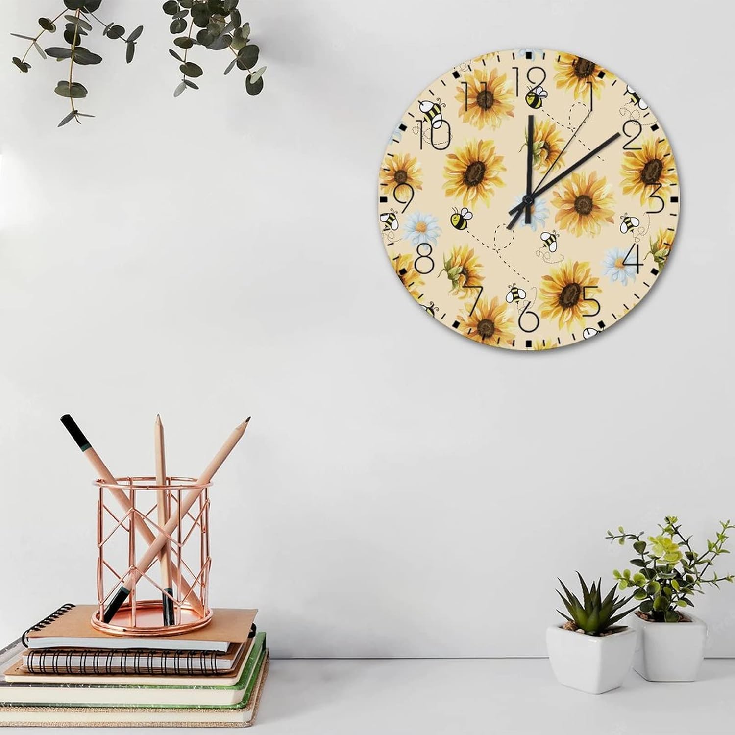 12 Inch Silent Wall Clock Sunflower and Bee Print Home Decor for Classroom Retro Garden Honeybee Flowers Wall Clocks Round Wooden Wall Clock Rustic for Porch New Home