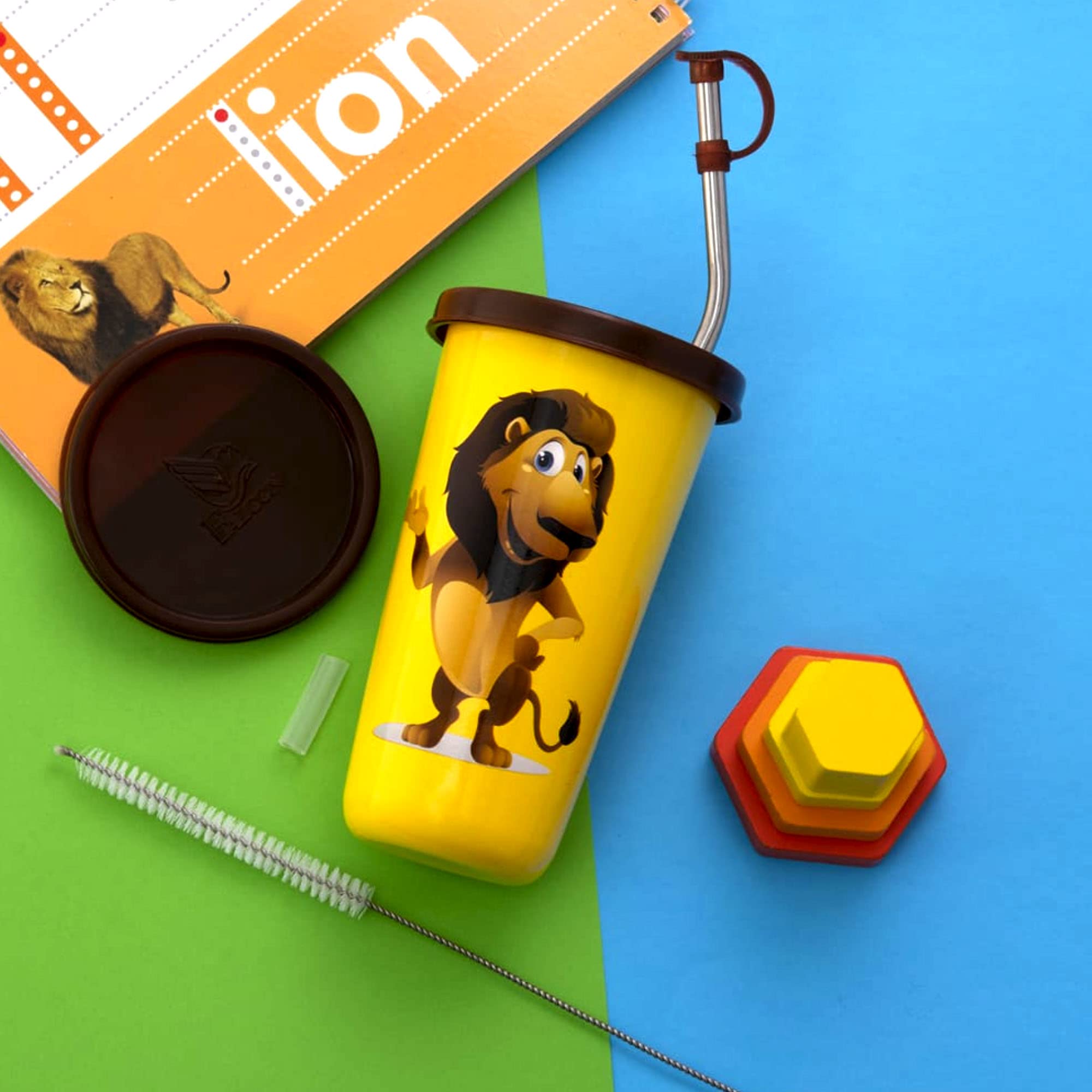 PddFalcon Stainless Steel Tumbler Lion Cartoon Print Steel Straw Glass, CN2,100% Leakproof BIS Certified, Jindal Seal & Made in India- 450ml 4