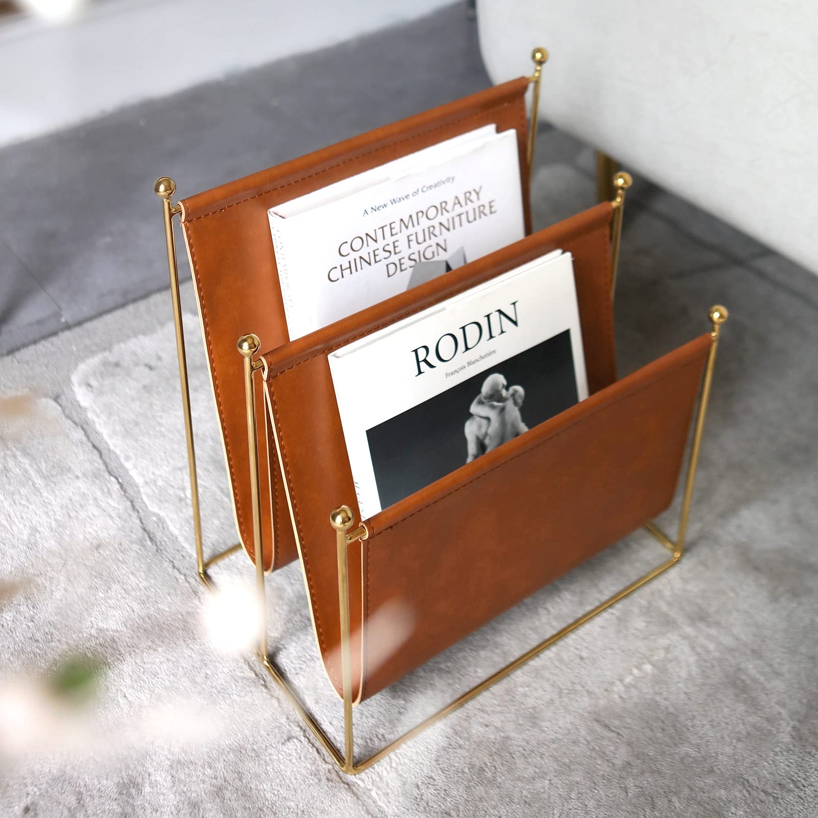 Portariviste in filo metallico placcato e pelle artificiale, rack a 2 scomparti per riviste, libri, giornali, decorazione domestica