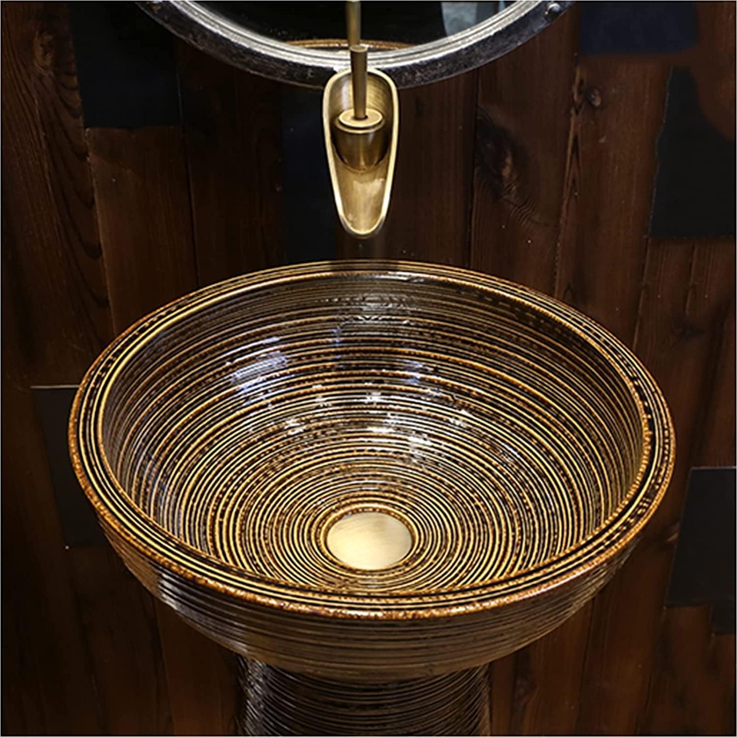 Freestanding Pedestal Sink Hotel Bathroom Basin, Modern Ceramic Basin with Full and One Tap Hole Round (Color : C, S (C Without Mirror)