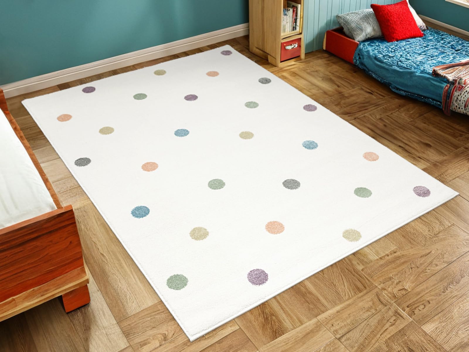 Lima rechteckig Kinder Teppich Pastell Cremig 200x300 cm | Kinderteppich Mädchen | Kinderzimmer Kurzflor Teppiche| Kids Carpet |Spielteppich Kinder Babyzimmer Tepich |gepunktetes Muster |