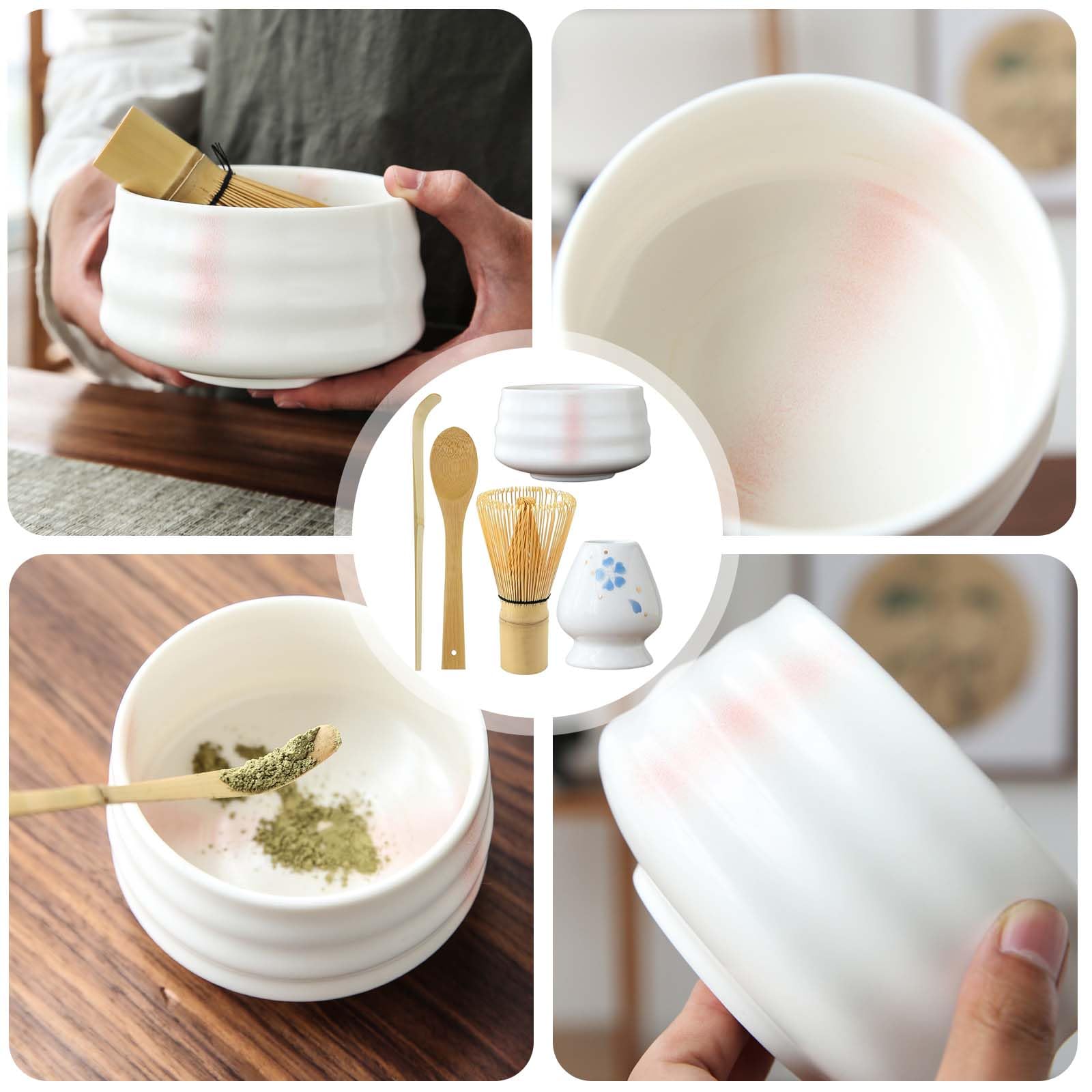 BAIFULAI Ensemble à Thé Matcha 5 Pièces Céramique - Fouet, Bol, Porte-Fouet, Passoire Et Accessoires