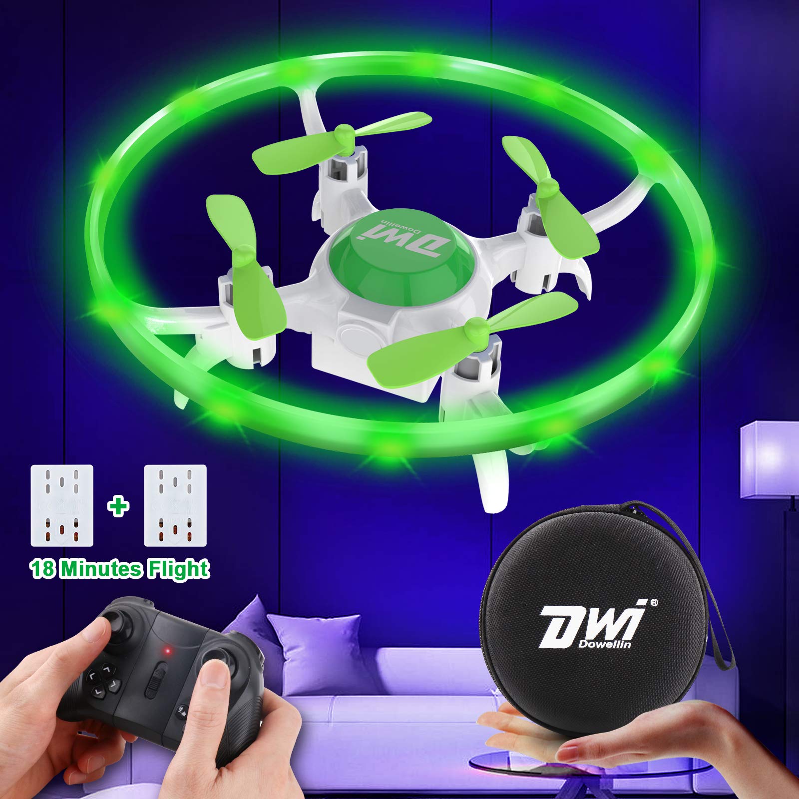 Dwi Dowellin Mini Drone for Kids with LED Lights Crash Proof One Key Take Off Landing Spin Flips RC Flying Toys Drones for Beginners Boys and Girls Adults Quadcopter with Carrying Case, Green