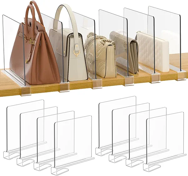 Saccik Purse Organizer for Closet Shelf Dividers: 8-Pack Adjustable Clear Acrylic Bag Storage Organizer for Handbags, Sweaters, Towels, Jeans and Shoes on Wood Shelves