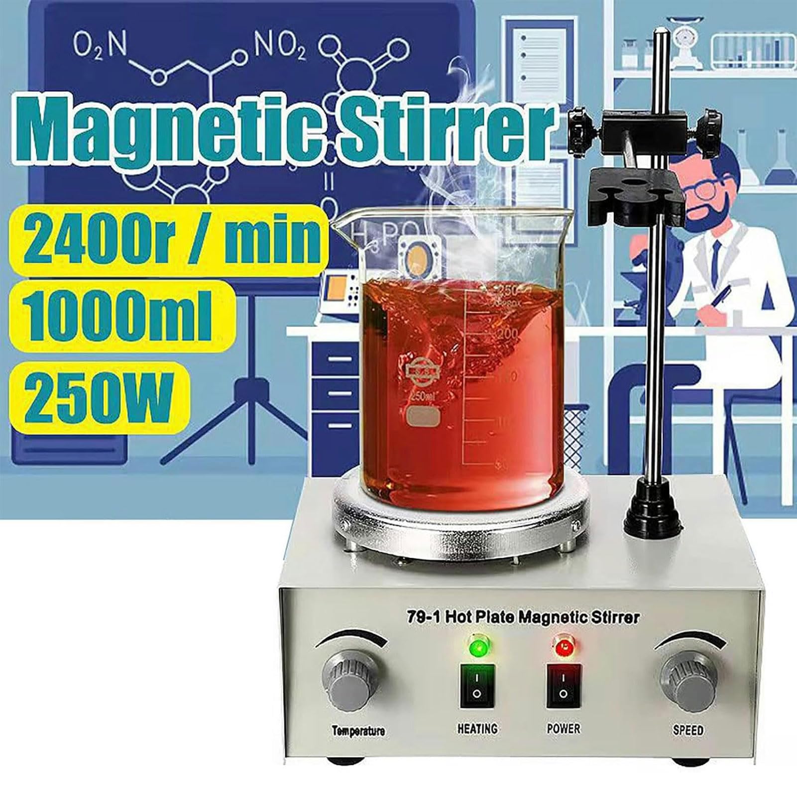 Plaque chauffante d'agitateur magnétique 1000 ML, agitateur électrique aérien de 100 à 2400 TR/Min, Laboratoire Max 100 ℃, agitateur de Plaque chauffante magnétique pour Recherche Scientifique
