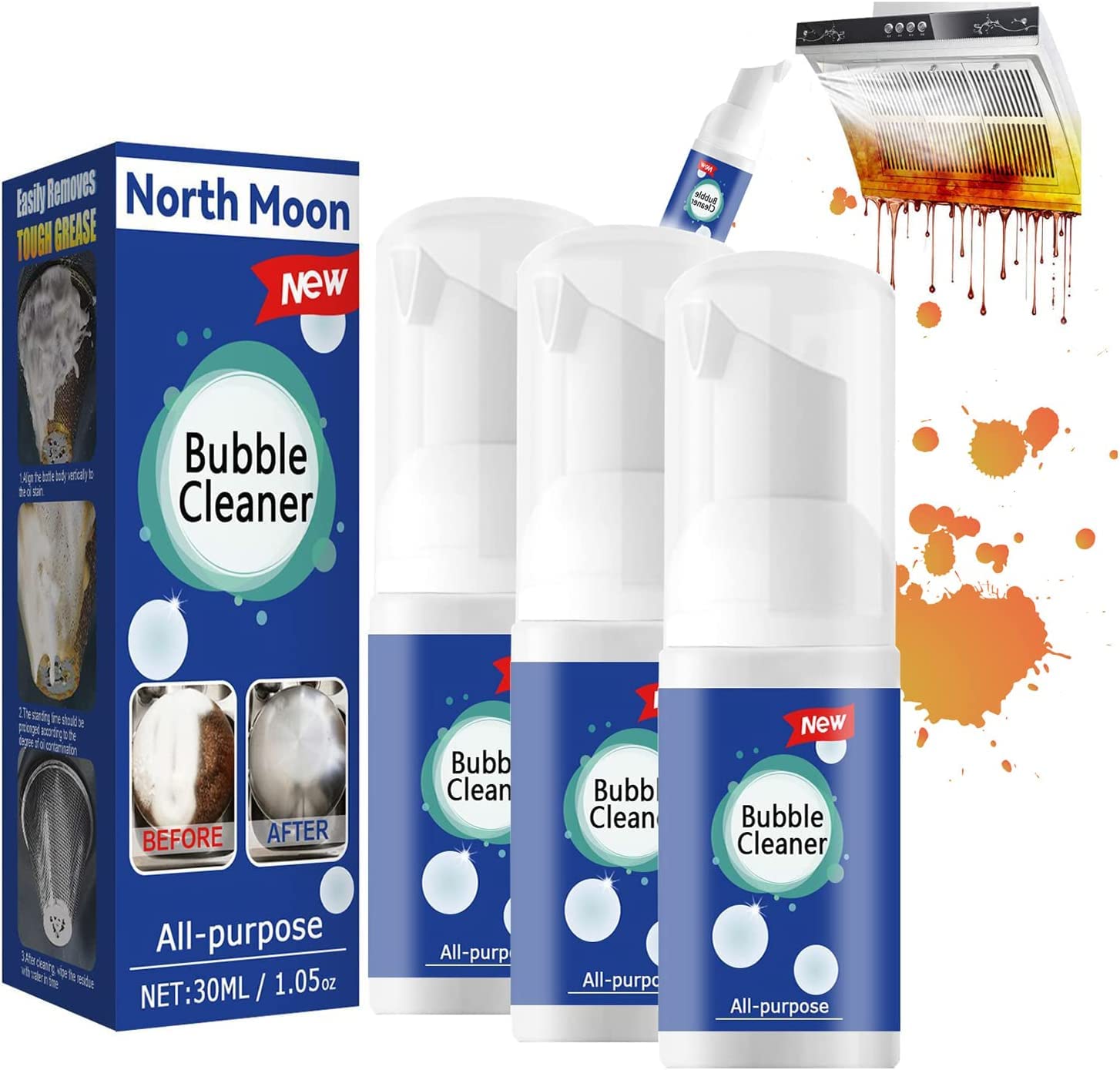 Foaming Heavy Oil Stain Cleaner,Stubborn Grease and Grime Remover Spray,Foam Cleaner All Purpose Heavy Duty,for Kitchen,Oven,Stove,Grill (3pcs, 30ml)