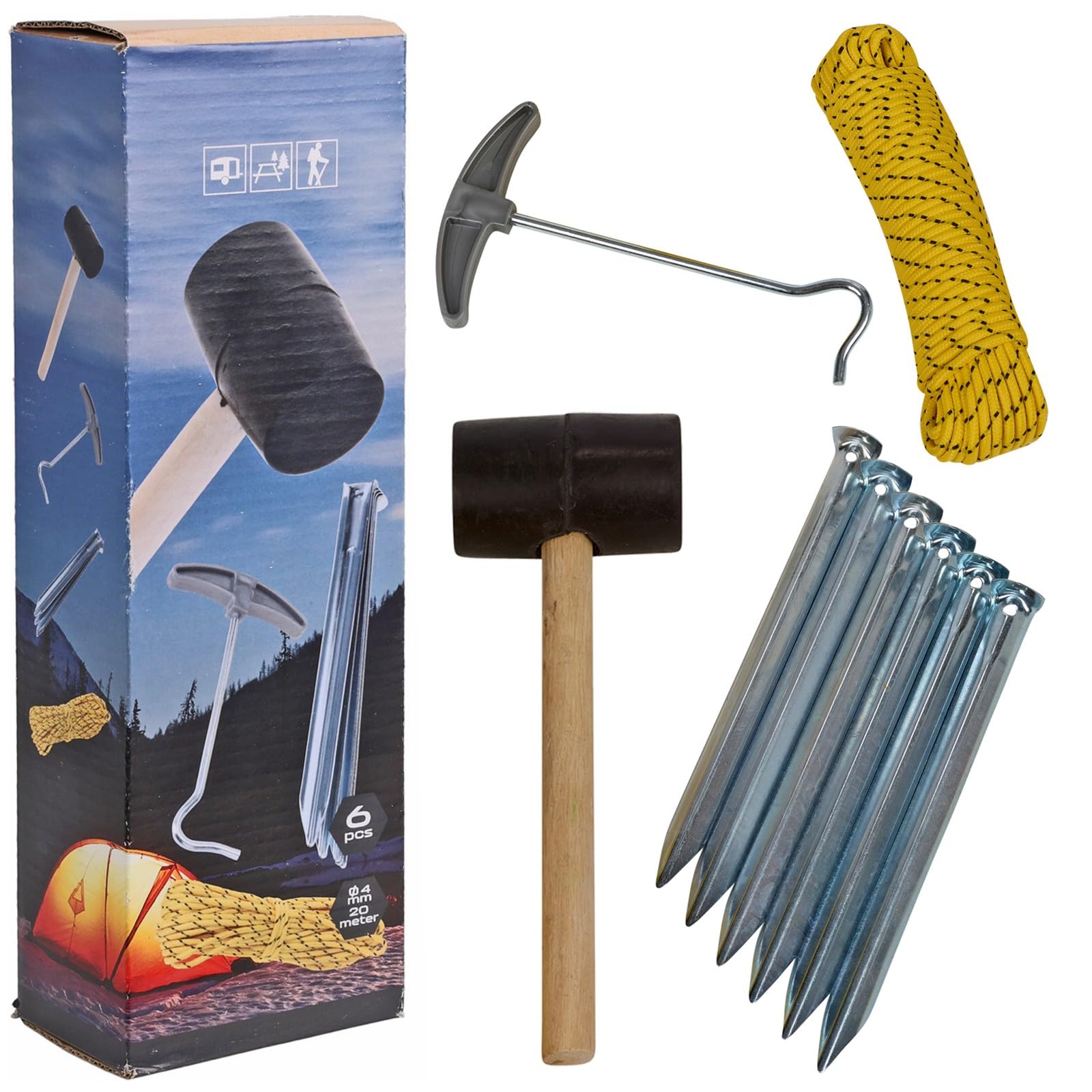 URBNLIVING 9pc Heavy-Duty Camping Tent Peg Set with Rubber Mallet, Peg Puller & 15m High-Visibility Rope - Includes 6 Steel Stakes for Tents, Awnings, Tarps, Gazebos - Durable Outdoor Setup Kit