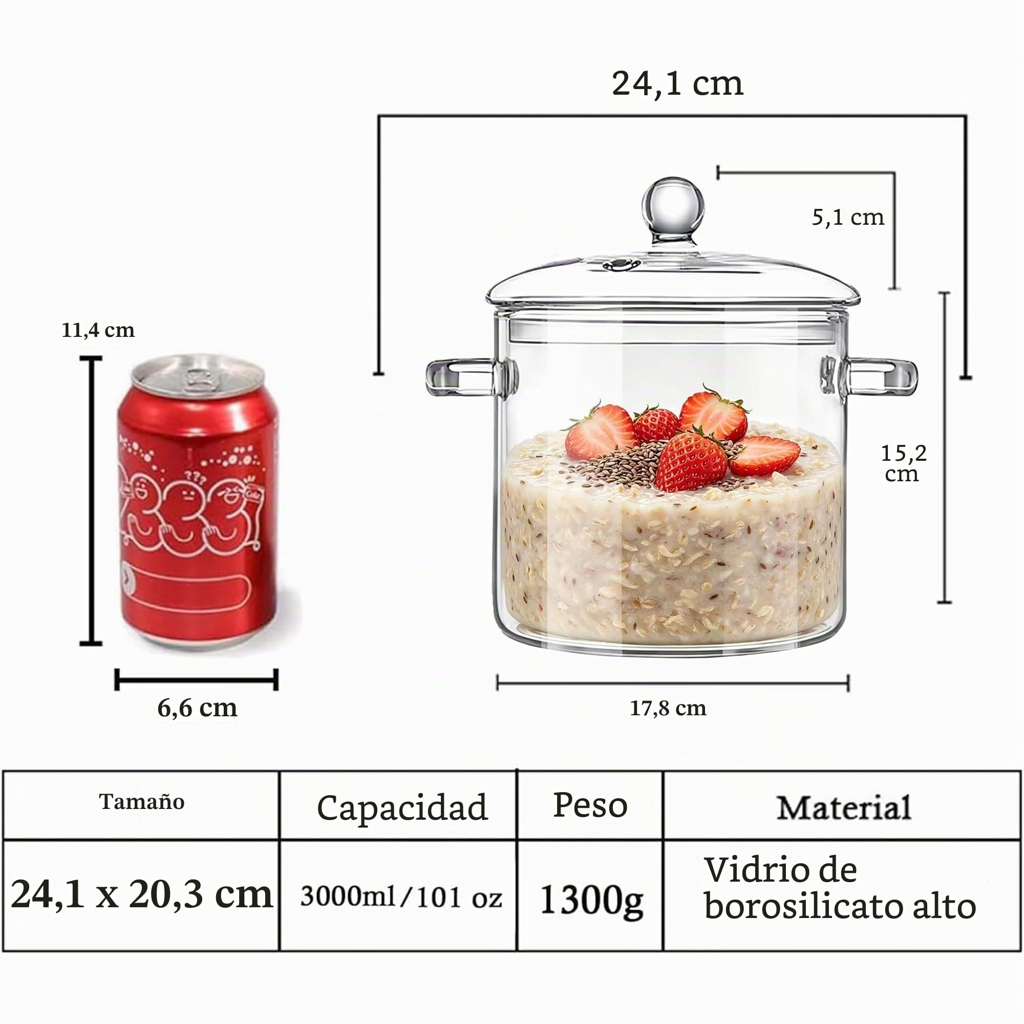 Olla de vidrio transparente con tapa para cocinar popurrí, cacerola de 3 litros, ollas grandes de 101 onzas para estufa, visiones superiores, ollas de borosilicato grandes y seguras