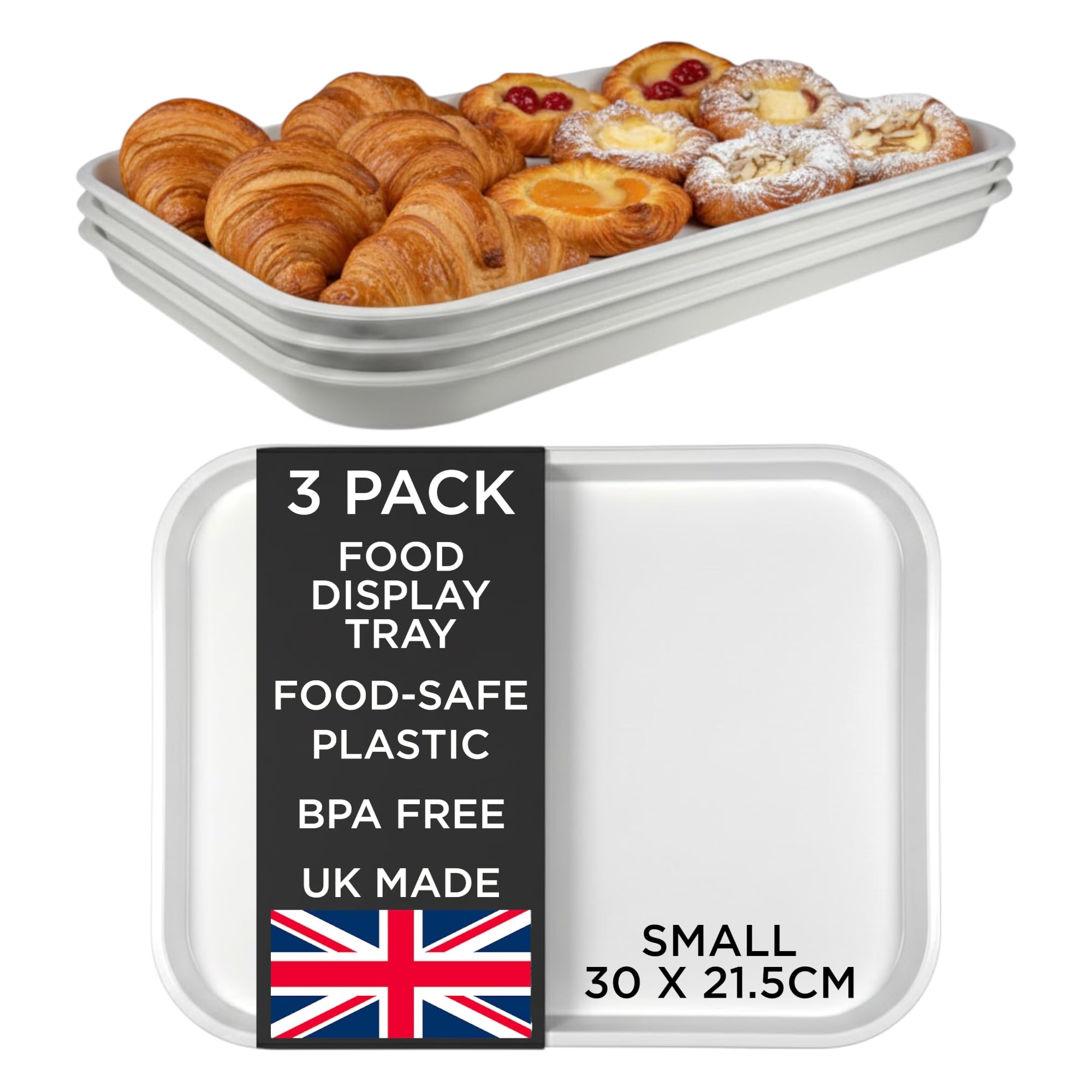 Chabrias Ltd White 3 Pack Plastic Food Display Trays - Made In Uk - 31×24Cm - Bpa-Free Food-Grade Butcher Meat Display Trays For Delis, Cafés, Bakeries & Catering Counters (3, Small 31 X 24Cm)