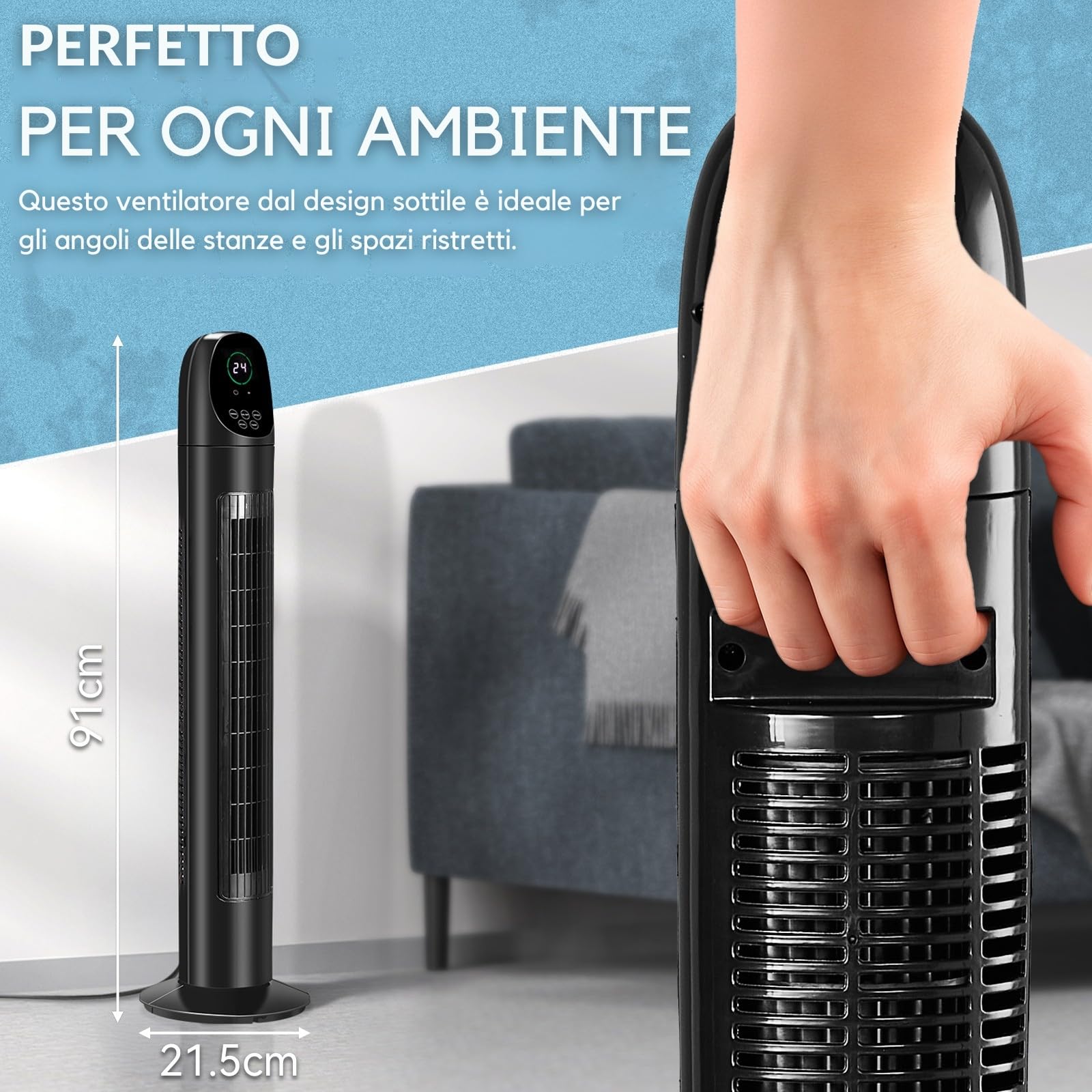 LEADZM Ventilatore a Torre 86cm 34 Pollici 50W, Oscillazione 80°, Timer 9 Ore, 25dB Silenzioso, 3 Velocità e Modalità, Con Telecomando, Ventilatore a Colonna per Casa e Ufficio (Nero 1)