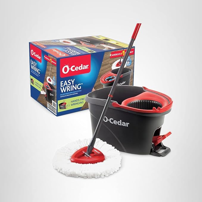 O-Cedar EasyWring Microfiber Spin Mop, Bucket Floor Cleaning System, Red, Gray, Standard