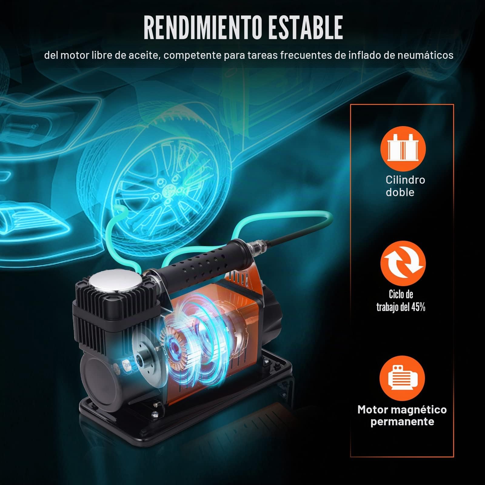 VEVOR Compresor Automático con Motor 12V Inflador Portátil de Neumáticos de Coche 150PSI 6CFM Protección Térmica Bomba de Aire Cable de Alimentación Manguera de Aire de 3m 7,9m para Inflar Camión SUV