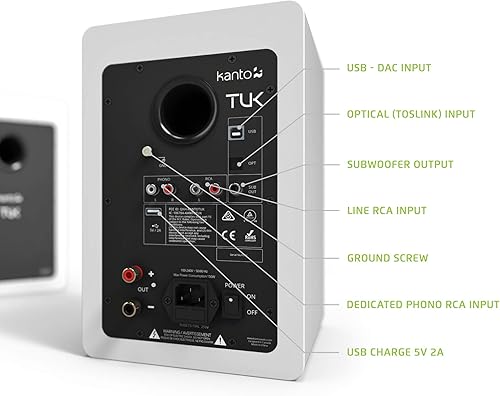 Vista 22 de Kanto TUK Altavoz alimentado con salida de auriculares USB DAC integrado RCA dedicado con preamplificador de teléfono Bluetooth Tweeter AMT