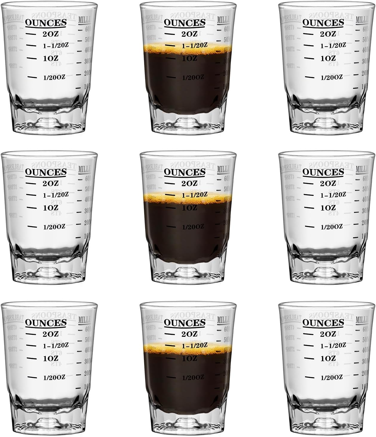 9Pcs 2 OZ 4 Features Shot Glasses Measuring cup Liquid Heavy Glass Wine Glass Espresso Shot -Incremental Measurement Heavy 60ML (9)
