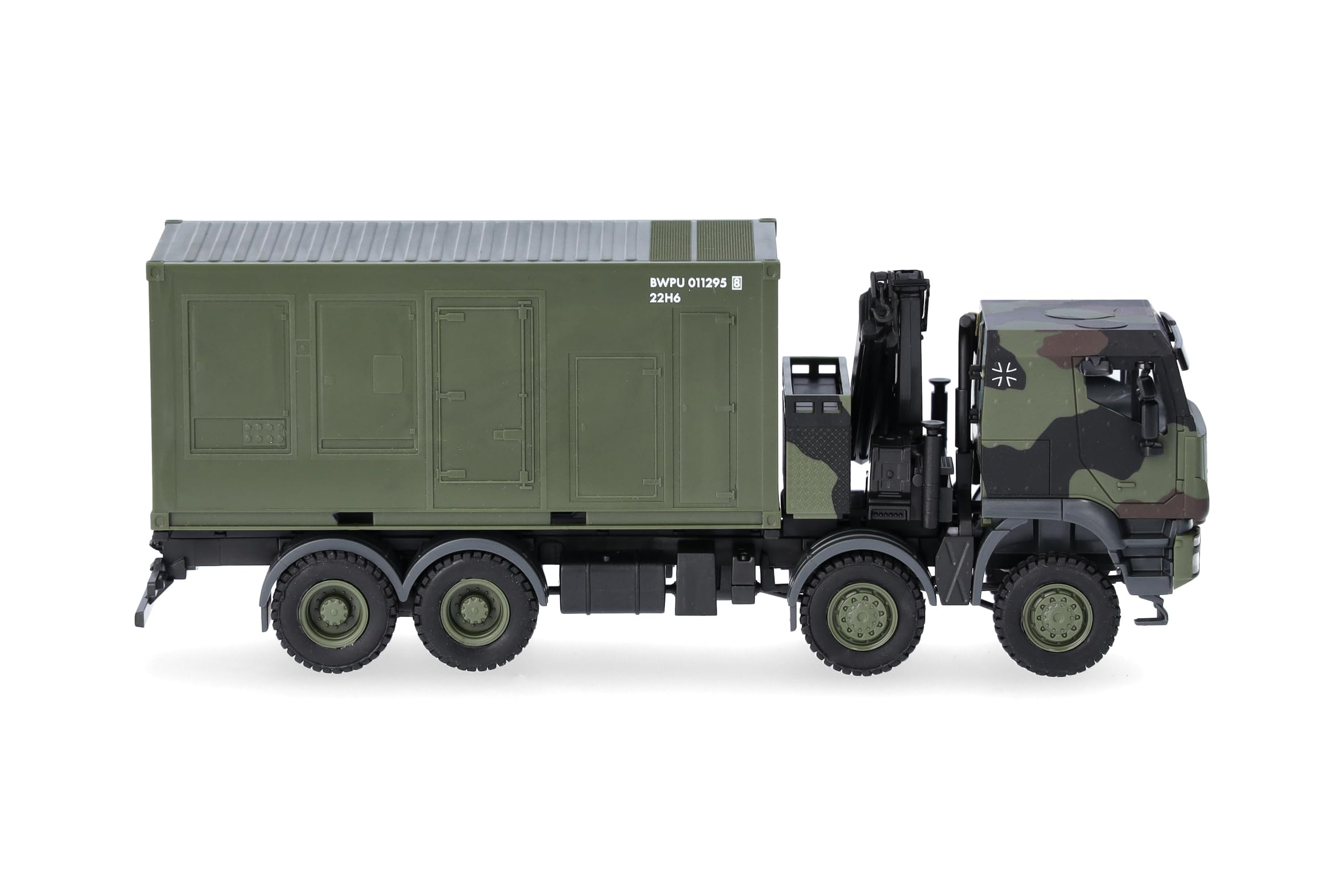 Herpa Military LKW Modell Iveco Trakker 8x8 LKW mit Kran 20 ft. Container „Bundeswehr“, Miniatur im Maßstab 1:87, Sammlerstück, Made in Germany, Kunststoff