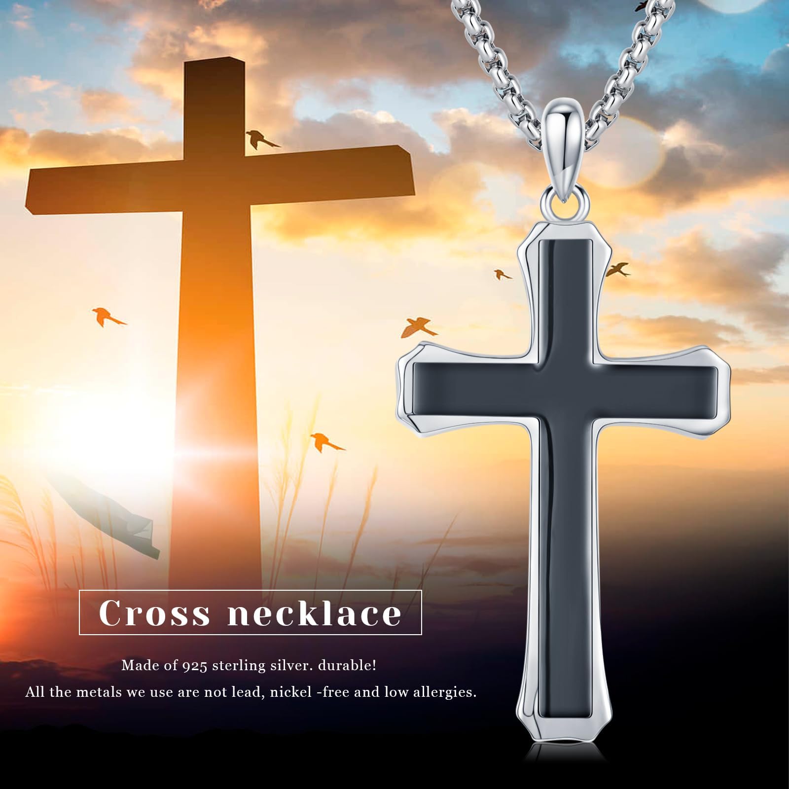 KQ&TTENG Holz Kreuz Halskette für Herren Walnuss Schwarz Hypoallergen Jesus 925er Sterling Silber Religiöser Anhänger Schmuck für Herren und Damen
