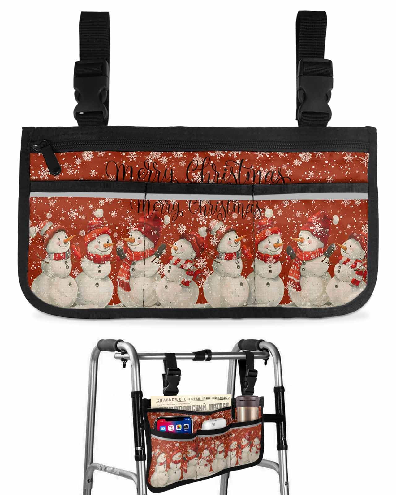Anzona Red Christmas Wheelchair Side Bag Walker Bag, Vintage Winter Snowman Snowflakes Wheelchair Accessories Armrest Pouch, Organizer Storage Bag for Walkers, Rollators, Scooters, 7.3''x13''