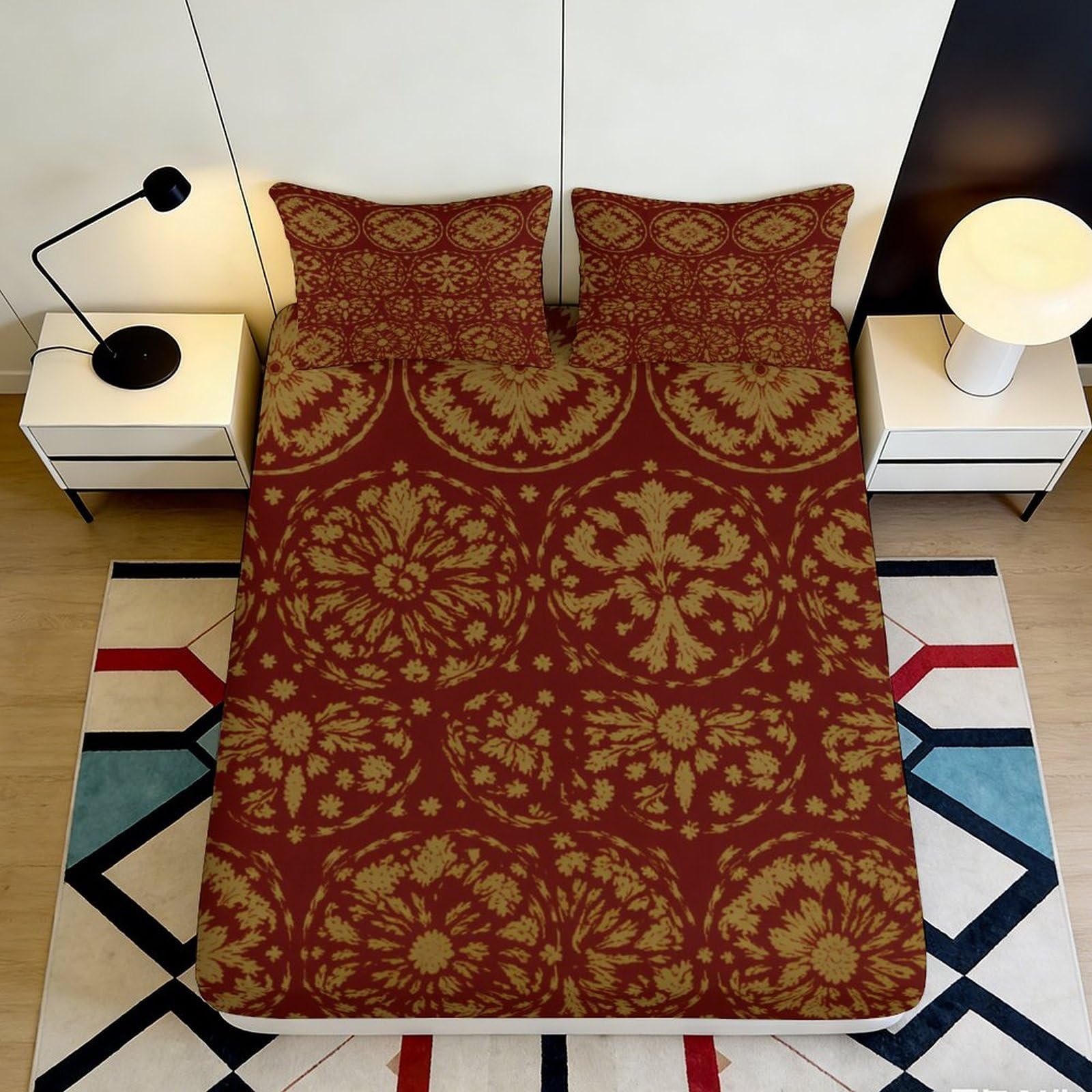 3D Printed Baroque Floral Pattern Fitted Sheet Microfiber Breathable Red Gold Mandala Mattress Cover for Bedroom Dorm Decor 90x200x25cm