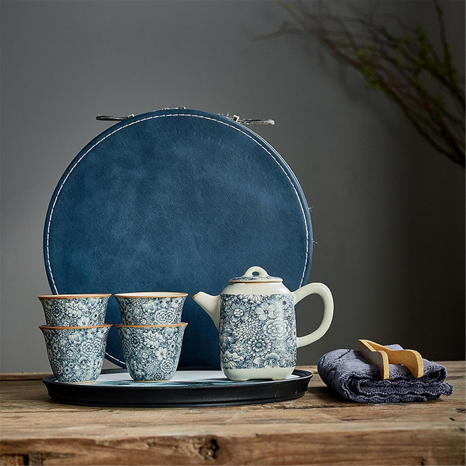 Blue and White Porcelain Travel Tea Set with Teapot and Tea Tray-Sets2