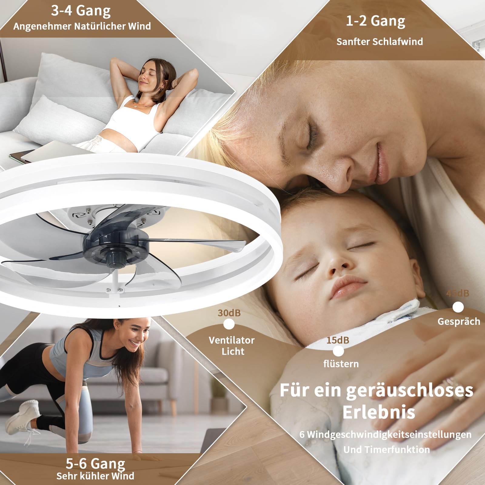 Ventilateur De Plafond Avec Lumière LED 33 Cm - 6 Vitesses, Télécommande Et App - Dimmable, 3 Couleurs De Lumière - Pour Salon Ou Chambre