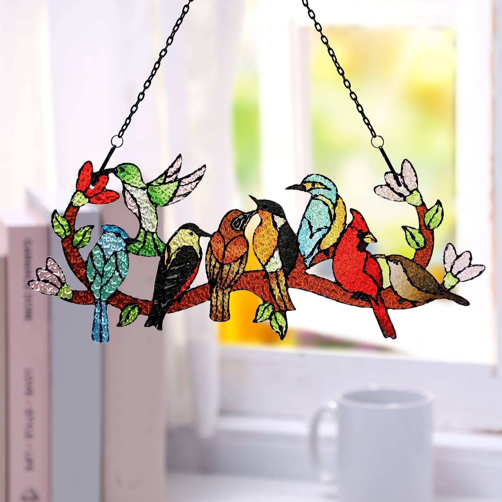 Huray Rayho Birds On Branch Stained Glass Suncatcher Cardinal Hummingbird Kingfisher Double Side Glass Panel Window Hanging Decor Bird Ornament Bird Lover Gift for Mom Grandma