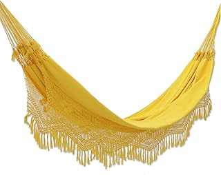 Bright Yellow Cotton Fabric 2 Person XL Brazilian Hammock with Crochet Fringe, 'Amazon Sun' (Double)