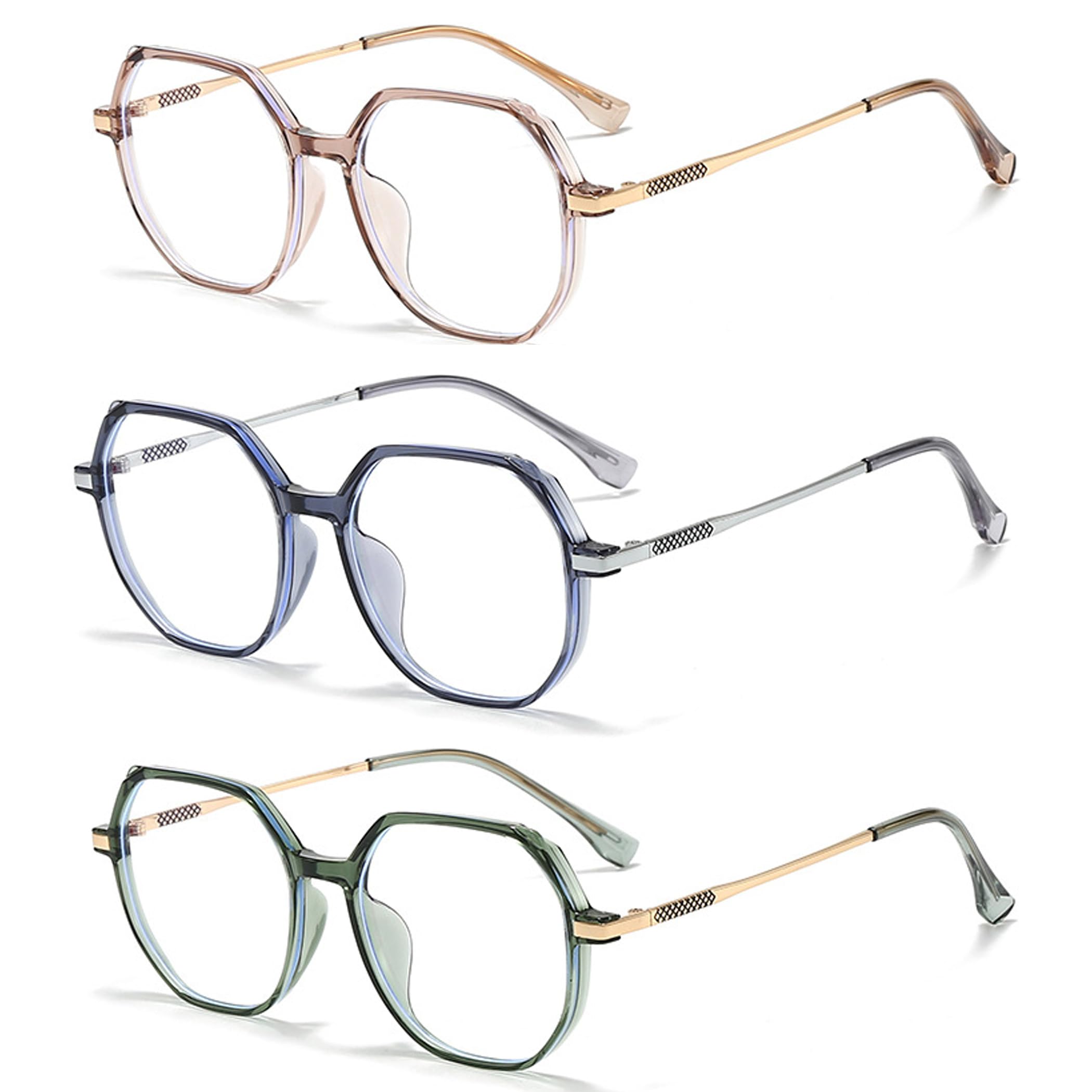 bullabulling 3 Pack Retro Polygon Reading Glasses For Women Blue Light Blocking Oversized Eyeglass Frames Large lens