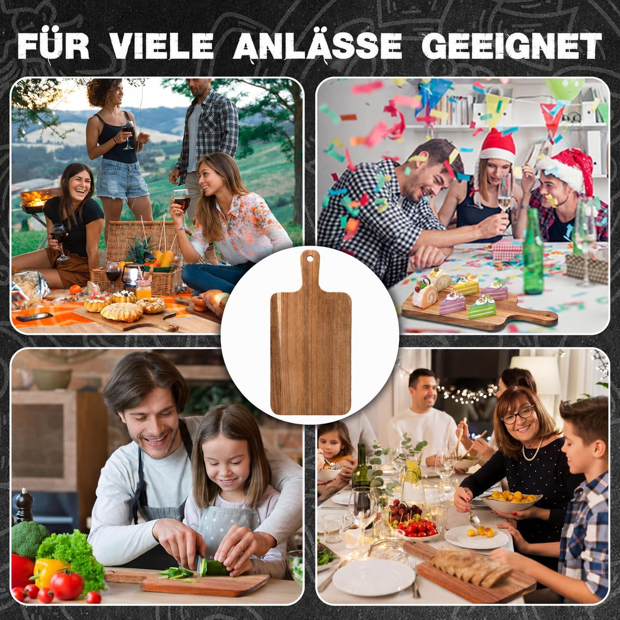 10 Stück Schneidebretter Holz 30 x 20 x 1,5 cm Küchen Schneidebrett mit Griff Servierbrett Tranchierbrett für Pizza Käse Wurstplatte
