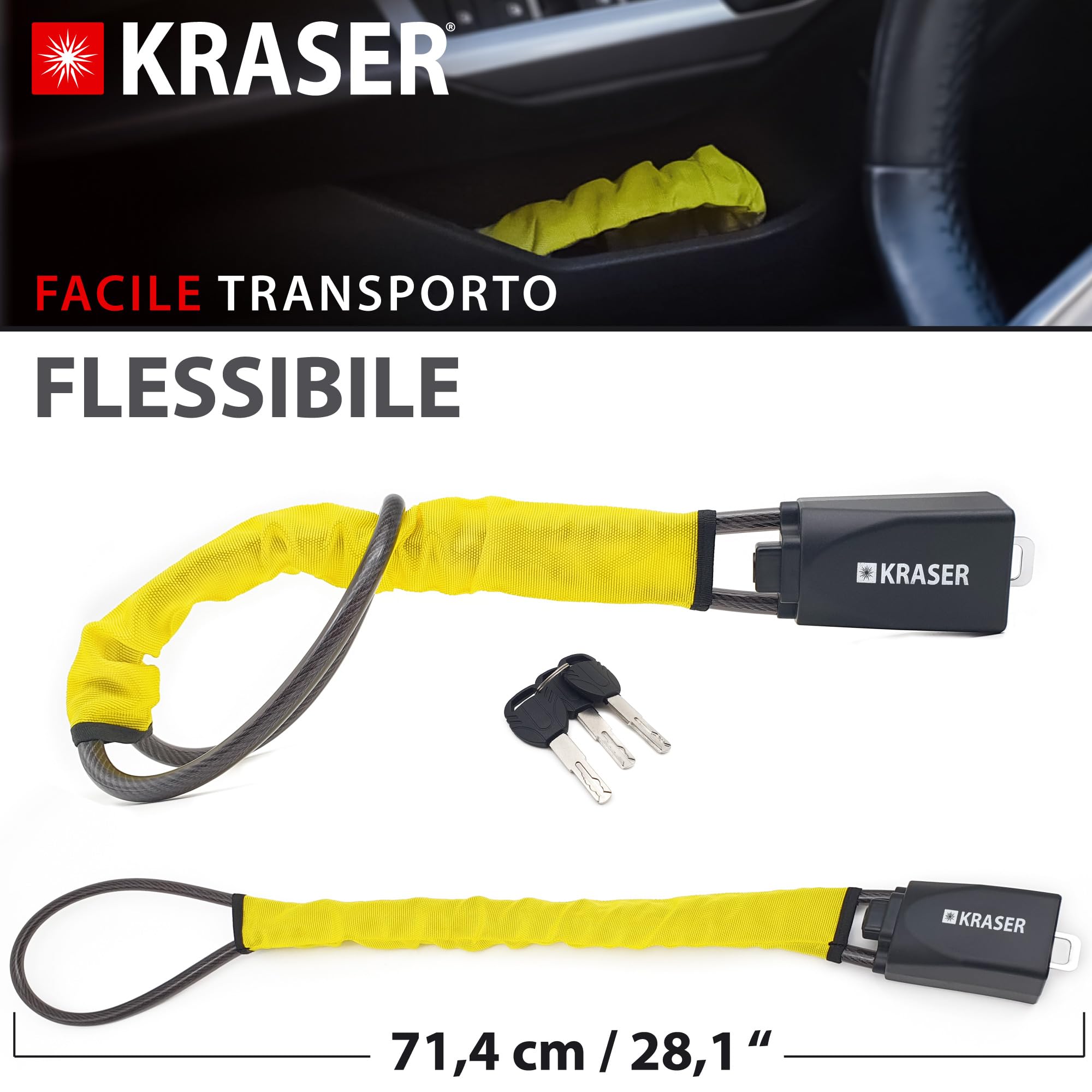 KRASER KR882Y Antifurto Auto Blocca Volante Cintura Alta Sicurezza Cavo Acciaio Universale