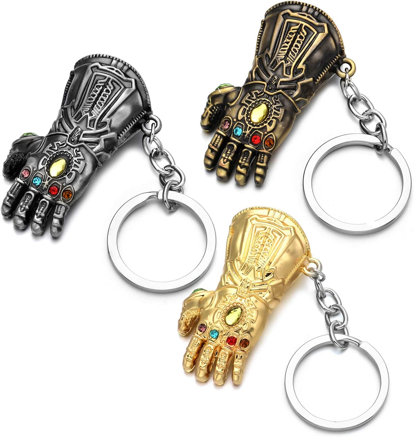 Unrend 3 Pack Thanos Infinite Power Soul Stone keychain Infinity War Cosplay Gloves key ring pendant Accessories (gold+Ancient silver+Ancient bronze)