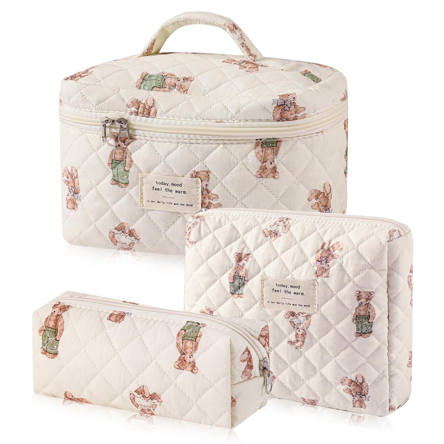 Everfunny 3 Pcs Cotton Quilted Makeup Bag Set, Floral Cotton Cosmetic Bag, Aesthetic Toiletry Travel Organizer Bag for Women Girls (Bear)