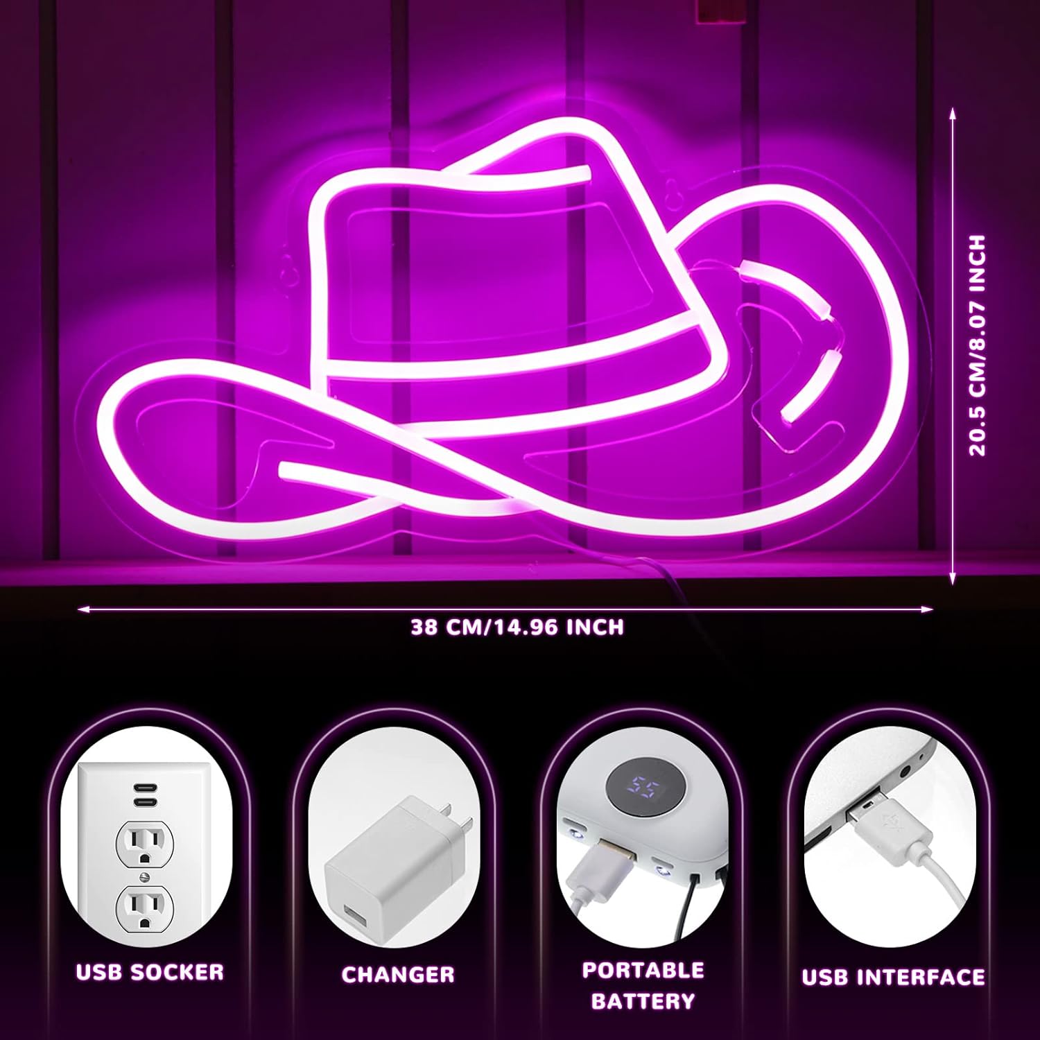 Bonuci Cowboy Hat Neon Sign Gift Cowgirl Themed Party Decorations Preppy LED Neon Light Sign Y2k Lighting Aesthetic Room Decor for Preppy Girls Bedroom Dorm Wall Decor(Cowboy Hat)
