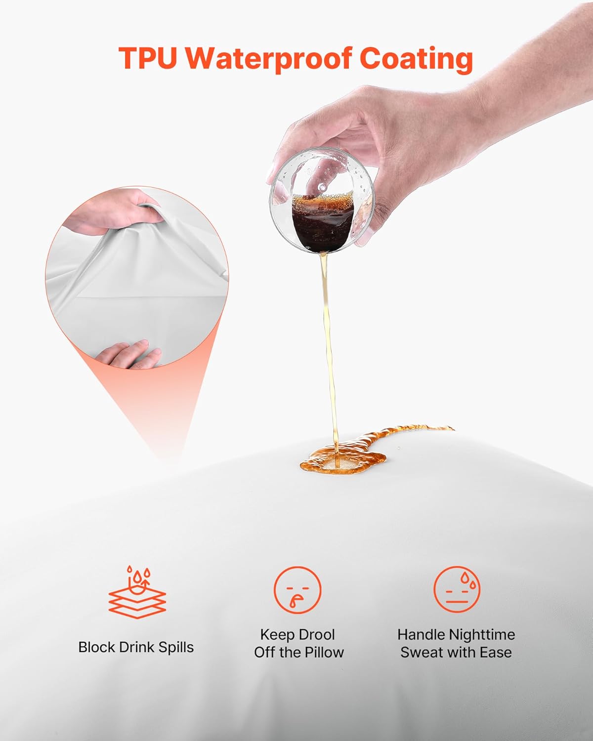 Liquid being poured onto a pillow protector, demonstrating its waterproof capability.