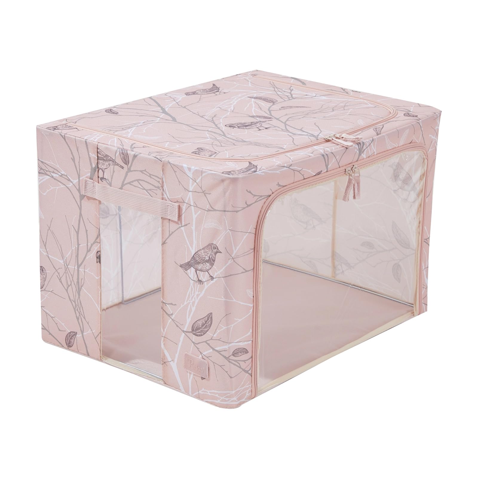 Periea ‘Beau’ Folding Collapsible Stackable Fabric Home Storage Boxes with Steel Frames (Blush Birds, Large)