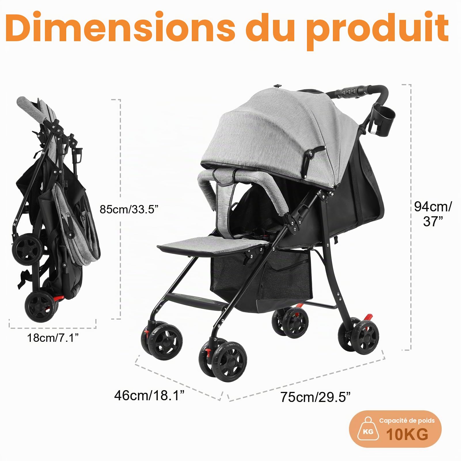 Poussette Bebe Voyage, Poussette Compacte Pliable, Poussette Canne Legere 4,2 kg, Pliage Une Main, Dossier Reglable, Harnais 5 Points, Capote Reglable, Panier Rangement, 0 a 2 Ans, 10 kg (Gris)