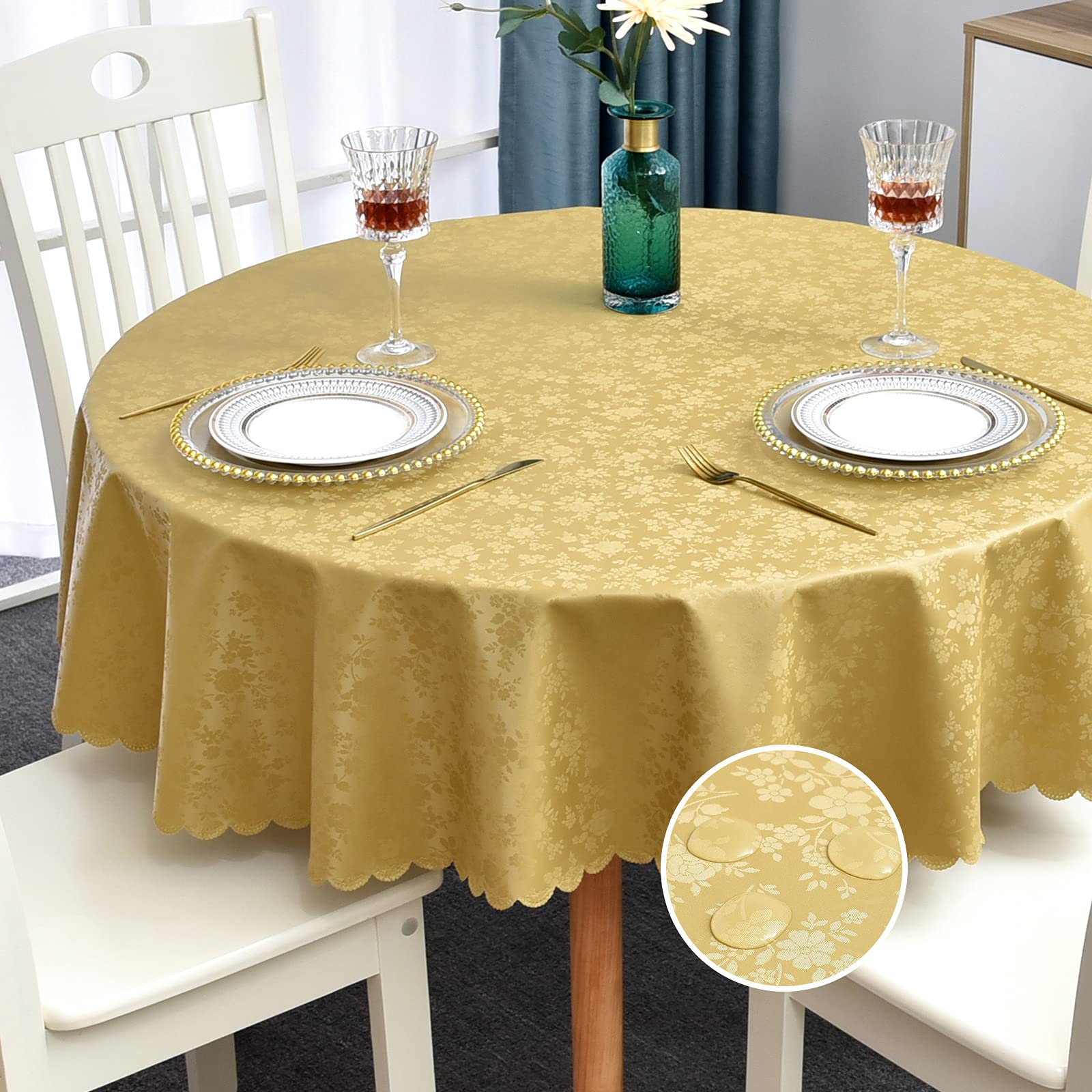 Romanstile Round Vinyl Tablecloth,100% Waterproof Heavy Duty Oil Spill Proof Stain Resistant Plastic PU Table Cover with Flannel Backing for Kitchen & Dining (Rose Gold, 60" Round)