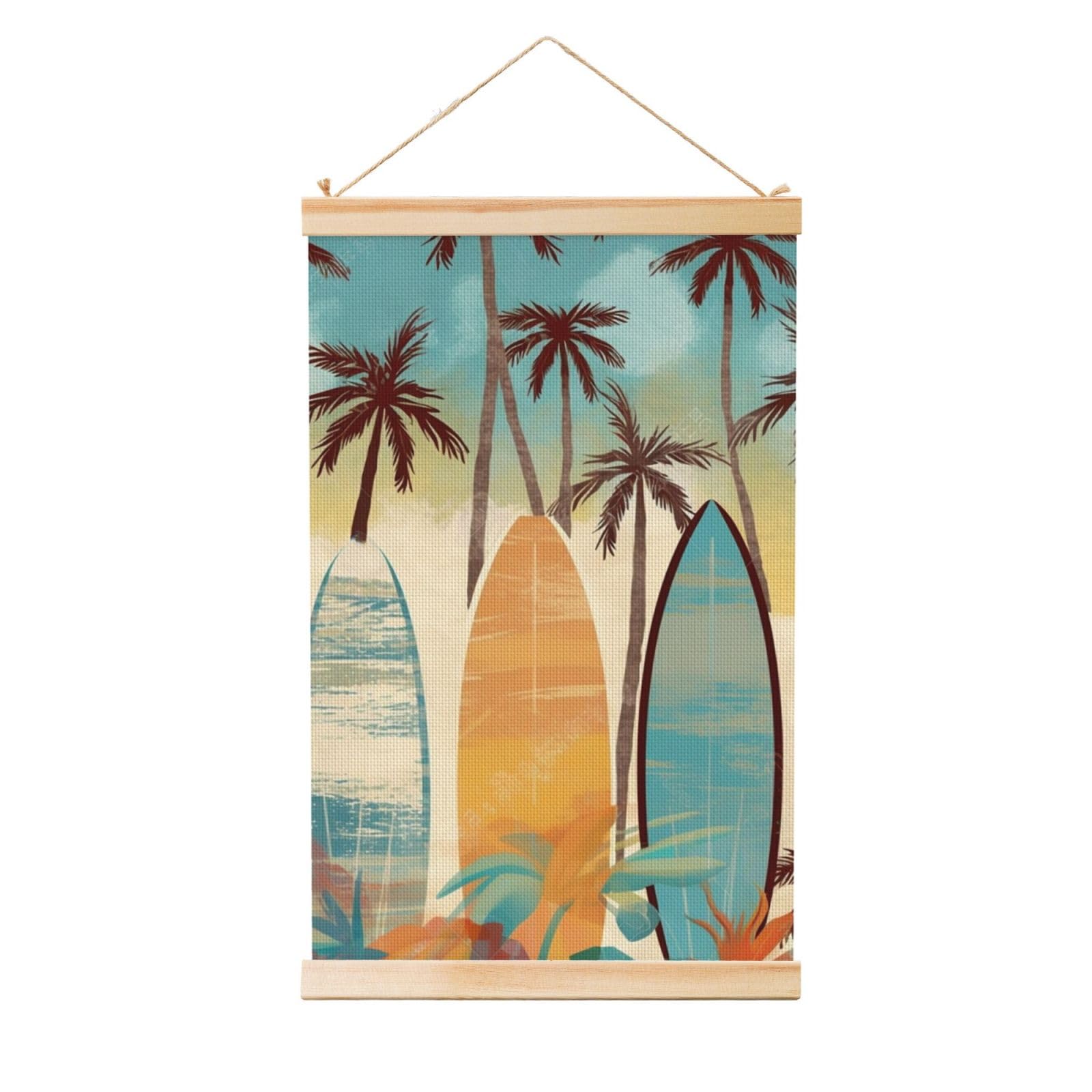 Surfboard Palm Tree Posters Wooden Shaft Hanging Poster Canvas Prints Scroll Wall Art Painting Vintage Wall Banner Modern Artwork Decor for Home Decor Ready to Hang 16"x24"