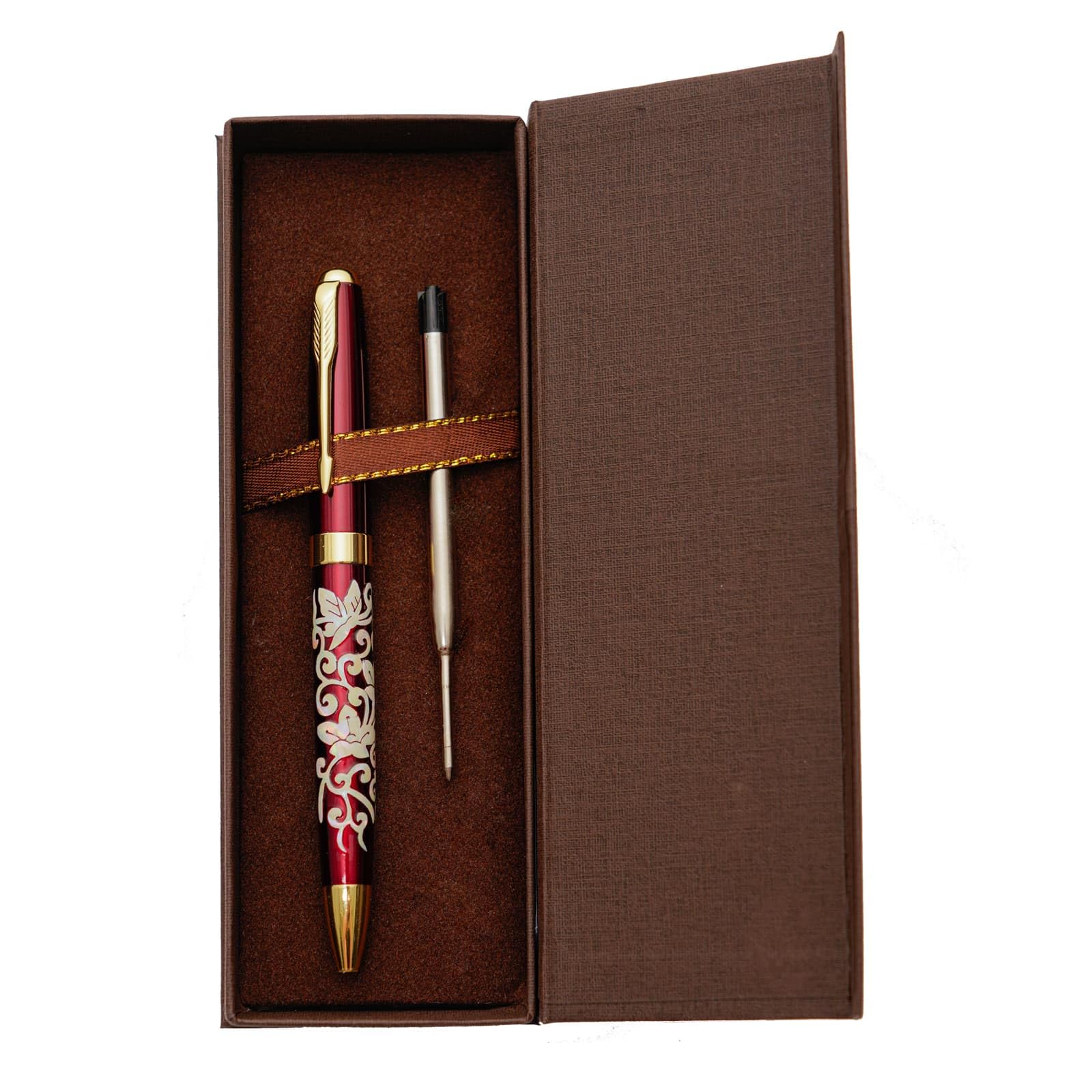 February Mountain Mother of Pearl Ballpoint Pen, Retractable Ballpoint Pens, for Gift, Business, Office, 1.0mm Medium Point Black Ink, Extras Replaceable Metal Refills (Butterfly-Red-Black Ink)