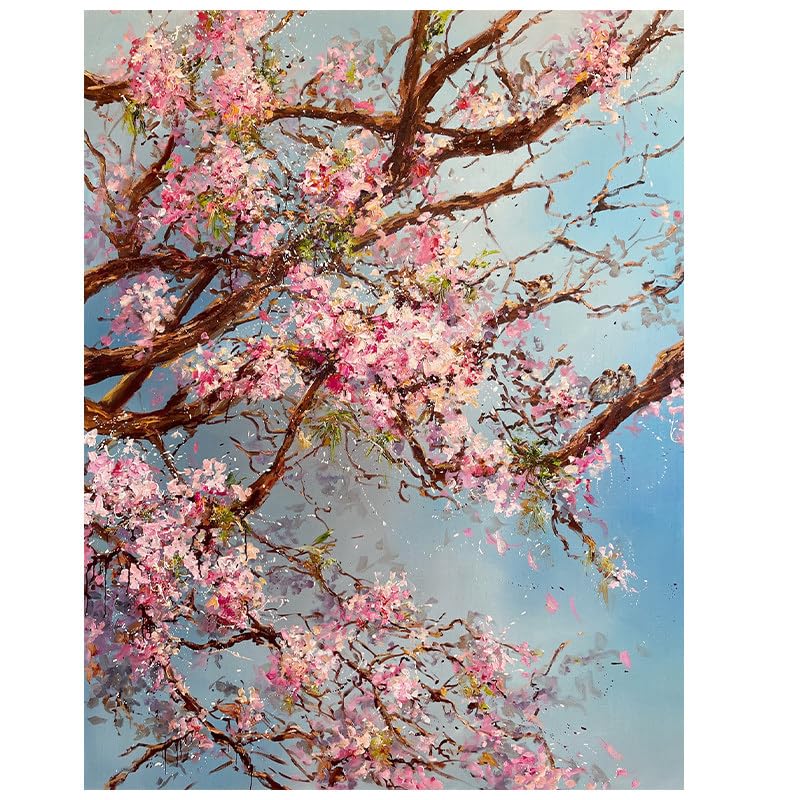 KUUFUUT Tableau Moderne Peint À La Main À L'Huile Représentant Des Fleurs De Pêcher Roses Sur Toile avec Un Ciel Bleu Idéal pour La Décoration Murale De...