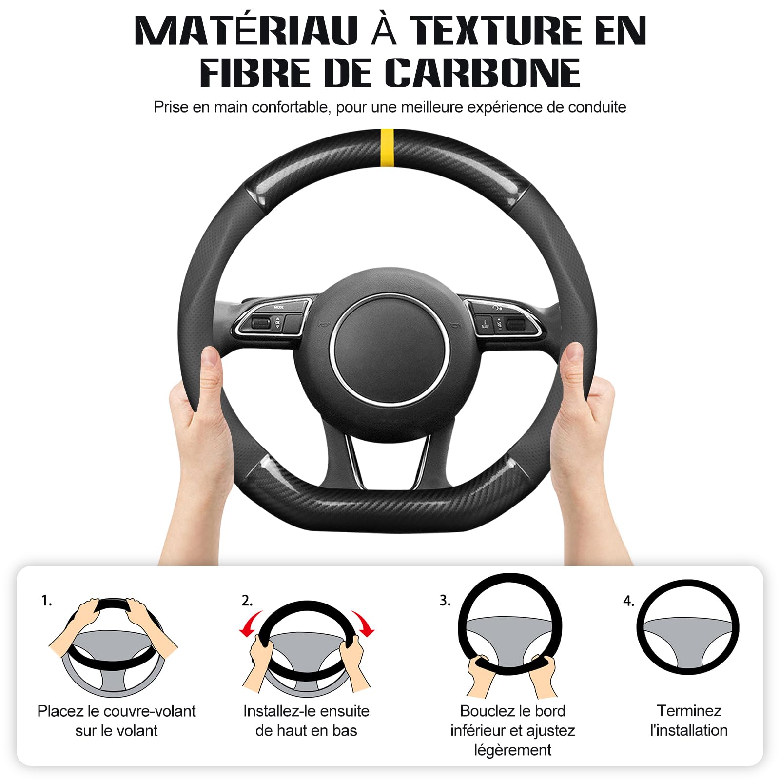Ergocar Forme en D Housse Volant Voiture Universelle, Couvre Volant de Voiture Fibre de Carbone, Peau de Vache Couche Supérieure, Antidérapant Respirant, 38cm