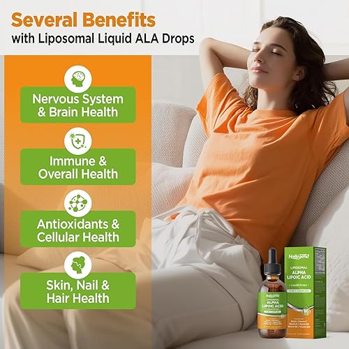 Miniatura 4 de Gotas de ácido alfa liposomal líquido, 600 mg de ácido R-alfa lipoico con biotina y multivitaminas, ALA para antioxidante, salud cerebral y apoyo